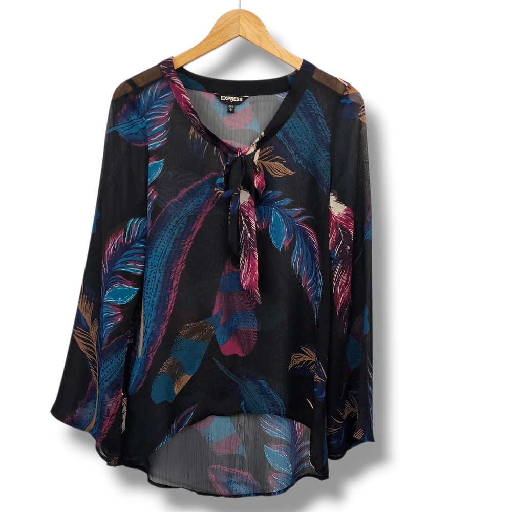 Y2K 90s Express Sheer Top Womens S Black‎ Jewel Tones Tie Neck Fairy Whimsigoth